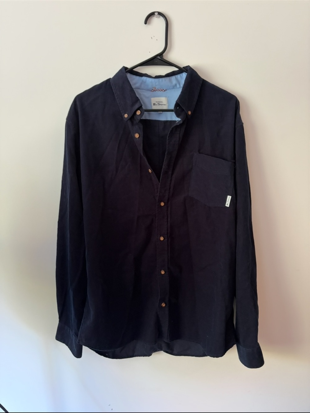 Long-Sleeve Suede Velvet Navy Button-Down Shirt
